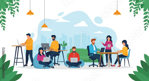 Adobe illustrator artwork vector illustration of people working outdoors in a vibrant park setting, perfect for depicting flexible workspaces, remote work, and modern productivity.