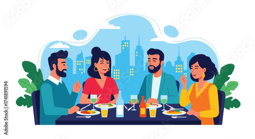 Adobe illustrator artwork vector illustration of four friends enjoying a meal and drinks at a restaurant, perfect for depicting social gatherings, dining, and leisure.