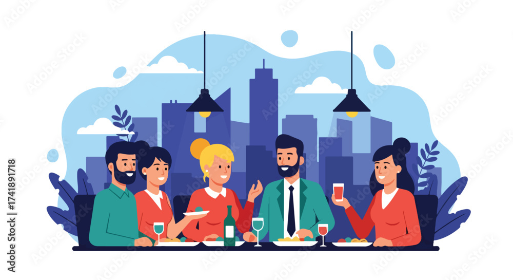Obraz premium Adobe illustrator artwork vector illustration of four friends enjoying a meal and drinks at a restaurant, perfect for depicting social gatherings, dining, and leisure.