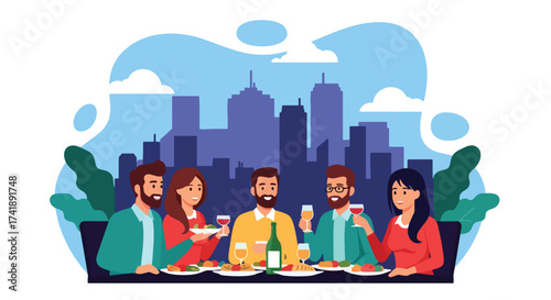 Adobe illustrator artwork vector illustration of four friends enjoying a meal and drinks at a restaurant, perfect for depicting social gatherings, dining, and leisure.