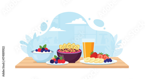 Adobe illustrator artwork vector illustration of a healthy and delicious breakfast spread, perfect for wellness, food blogs, and nutritional content. This SEO-friendly graphic highlights a balanced me