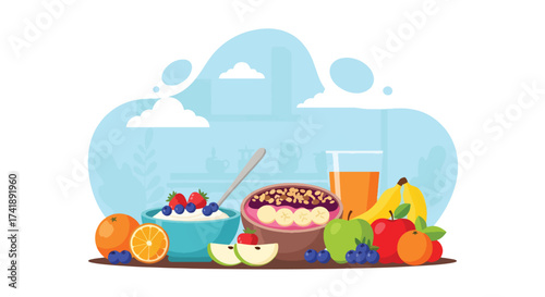 Adobe illustrator artwork vector illustration of a healthy and delicious breakfast spread, perfect for wellness, food blogs, and nutritional content. This SEO-friendly graphic highlights a balanced me