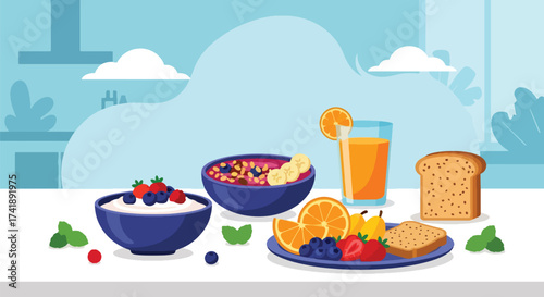 Adobe illustrator artwork vector illustration of a healthy and delicious breakfast spread, perfect for wellness, food blogs, and nutritional content. This SEO-friendly graphic highlights a balanced me