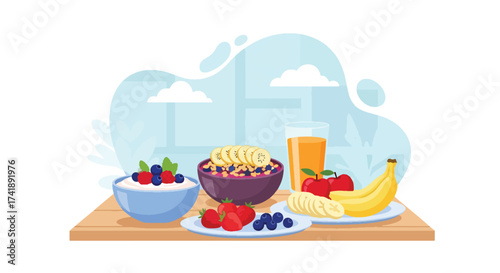 Adobe illustrator artwork vector illustration of a healthy and delicious breakfast spread, perfect for wellness, food blogs, and nutritional content. This SEO-friendly graphic highlights a balanced me