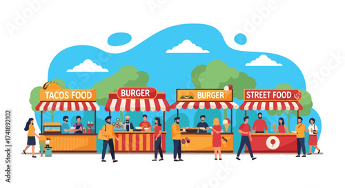 Adobe illustrator artwork vector illustration of a lively outdoor street food market scene, perfect for digital projects and print media.This SEO-friendly graphic captures the essence of urban culinar