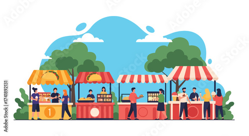 Adobe illustrator artwork vector illustration of a lively outdoor street food market scene, perfect for digital projects and print media.This SEO-friendly graphic captures the essence of urban culinar
