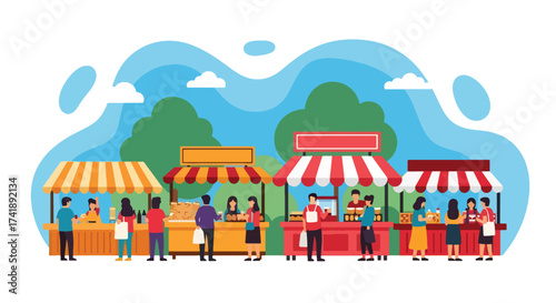 Adobe illustrator artwork vector illustration of a lively outdoor street food market scene, perfect for digital projects and print media.This SEO-friendly graphic captures the essence of urban culinar
