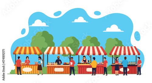 Adobe illustrator artwork vector illustration of a lively outdoor street food market scene, perfect for digital projects and print media.This SEO-friendly graphic captures the essence of urban culinar