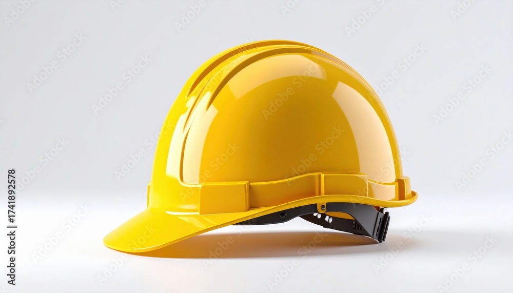 Fototapeta premium A bright yellow hard hat positioned on a clean white background for safety and construction themes.