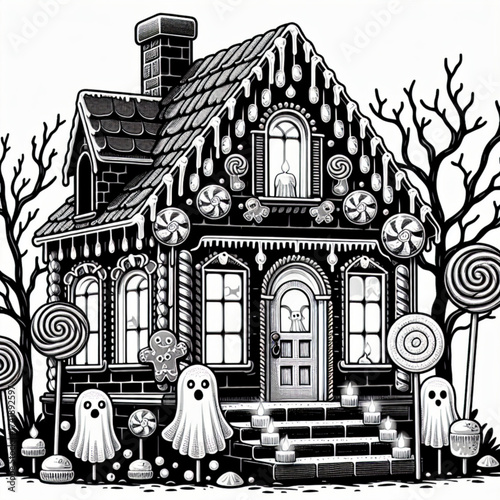 Haunted Candy House made of candy, lollipops as trees, glowing windows, and ghostly children