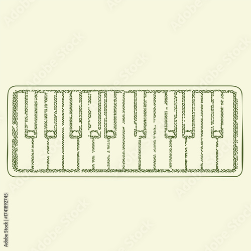 Close-up of a vintage electronic keyboard with black and white keys on a light