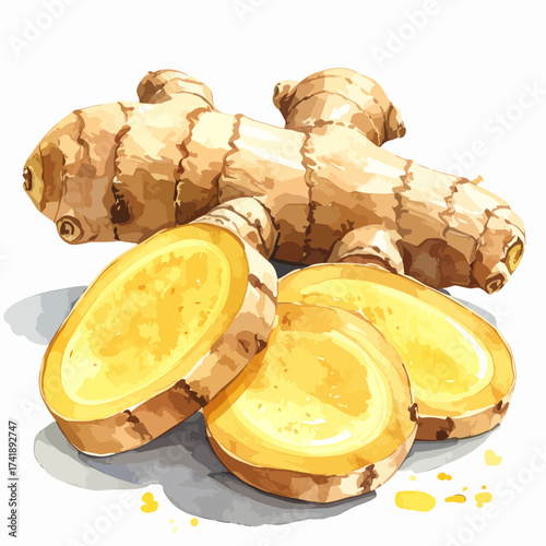 Fresh Ginger Root and Slices Watercolor Illustration.