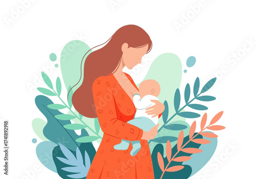 Mother breastfeeding her baby surrounded by leaves