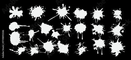 On a black backdrop, a diverse collection of white ink splashes and irregular forms is displayed, creating a dynamic and visually stimulating artistic composition with unique shapes