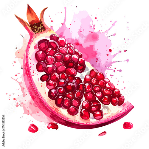 Vibrant watercolor illustration of a sliced pomegranate with juicy seeds.