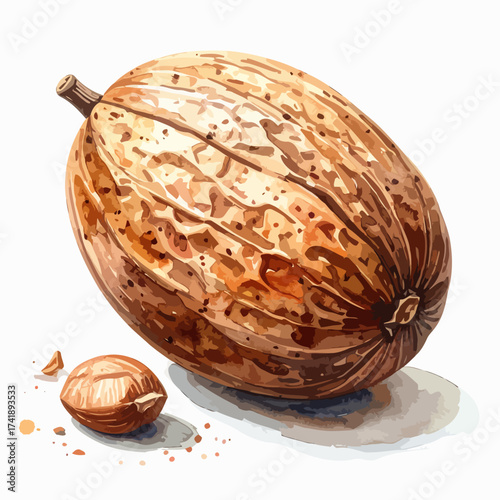 Whole Cacao Pod and Bean Watercolor Illustration.