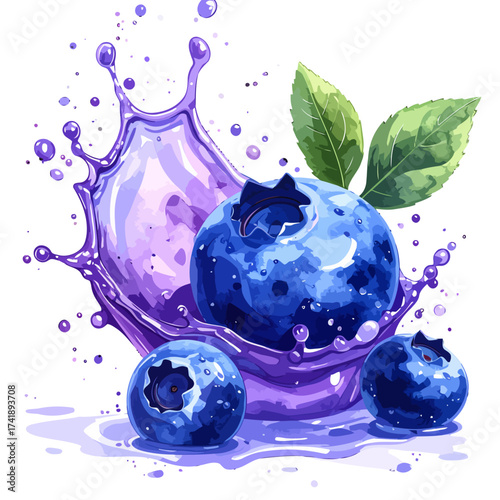 Juicy blueberries splashing in purple liquid with leaves.