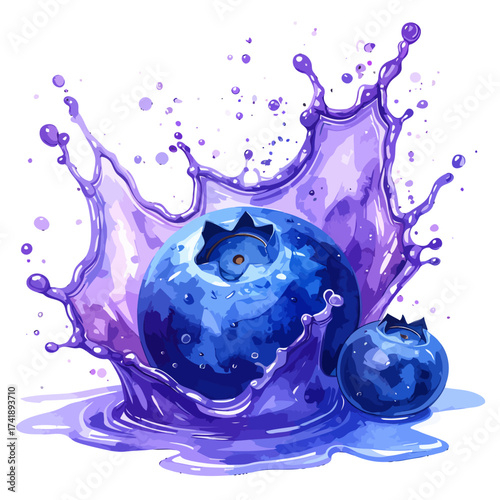 Artistic watercolor illustration of fresh ripe blueberries splashing in juice.