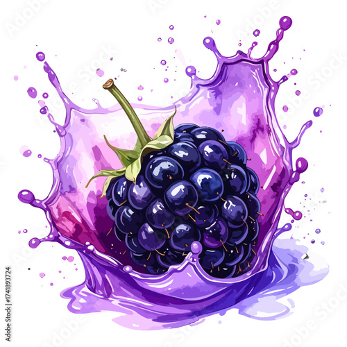 Juicy blackberry fruit with splash of purple juice illustration.