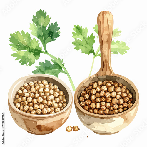 Coriander seeds in wooden bowls and spoon with fresh leaves.