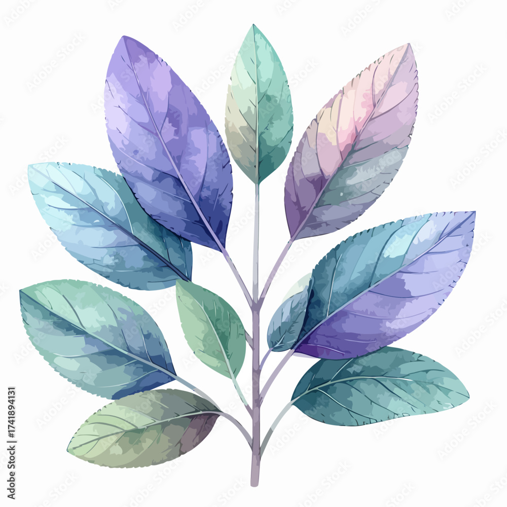 Obraz premium Watercolor leaves on a branch in various pastel colors.