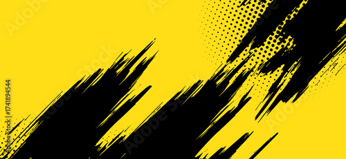 Vibrant yellow canvas with striking black brushstrokes and halftone patterns creates a dynamic backdrop filled with energy and movement, perfect for modern graphic designs