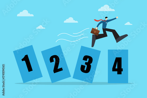 Vector illustration showing a businessman jumping over numbered blocks symbolizing progress and stages of growth. Represents determination, business development, and achieving success through planning