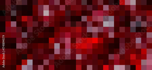 An abstract pixel art background displays an arrangement of red and maroon squares, creating a textured and mosaic-like pattern with varying tonal shifts in the overall composition