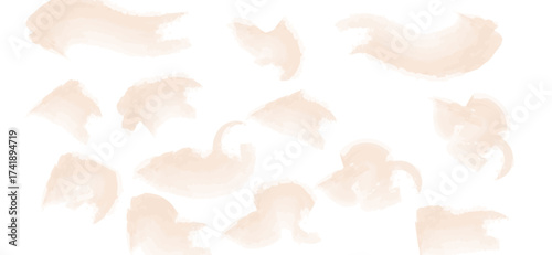 A collection of soft peach watercolor brushstrokes creates a delicate, abstract pattern against a clean white background, evoking a sense of gentle artistry and subtle textural charm