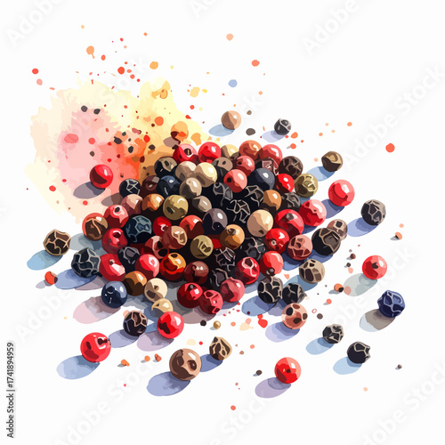 A Colorful Pile of Peppercorns with Watercolor Splashes.