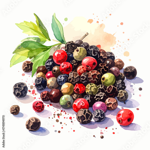 Colorful peppercorns and green leaves watercolor illustration on white background.