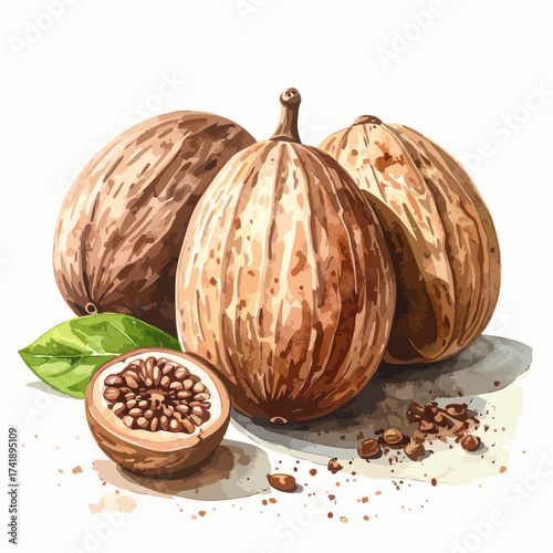 Watercolor illustration of cocoa pods and beans on a white background.