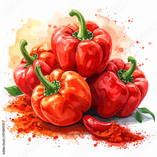Vibrant watercolor illustration of fresh red bell peppers.