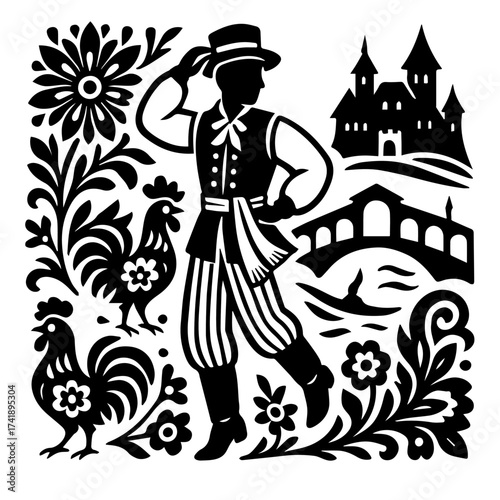 Folk dancer by castle papercut European heritage silhouette ornate frame