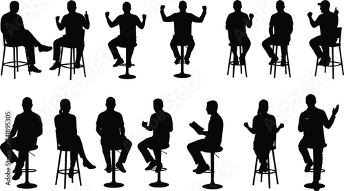 Silhouette people sitting on stools, diverse human poses, body language gestures, group conversation, expressive movement, psychology concept, teamwork communication, social interaction, design 