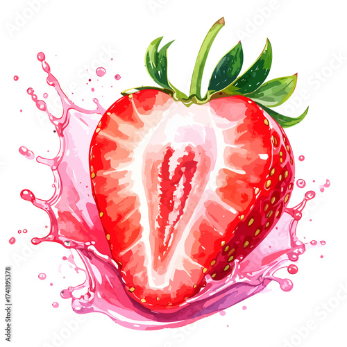 Juicy Strawberry Half Splashing in Pink Liquid.