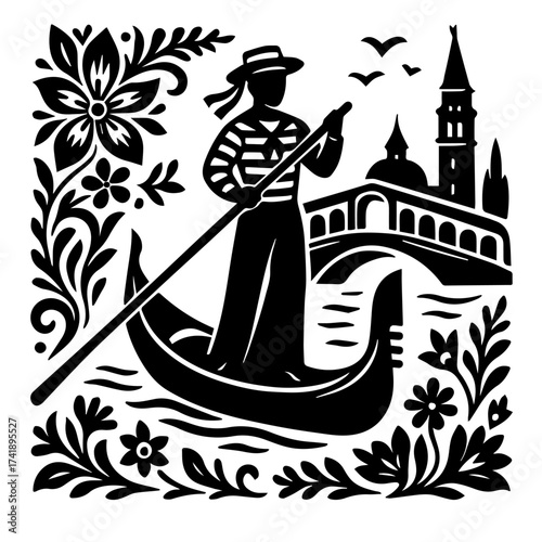 Venice gondolier papercut canal travel romance classic black and white