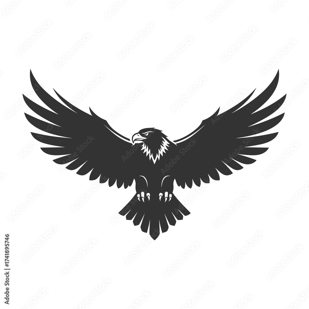 Obraz premium Black eagle vector illustration with wings spread wide, flying silhouette symbol of freedom and power. Perfect for tattoo, logo, or emblem design.