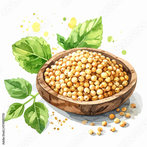 Wooden bowl filled with mustard seeds and fresh green leaves.