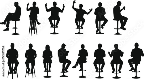 Silhouettes of diverse people sitting on stools, various poses and gestures, holding devices, modern lifestyle, technology interaction, business teamwork, communication,