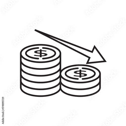 Falling coins with downward arrow icon symbolize loss, decline, or depreciation in finance, business, and economy. Ideal for risk, crisis, investment downturn, and negative market performance concepts