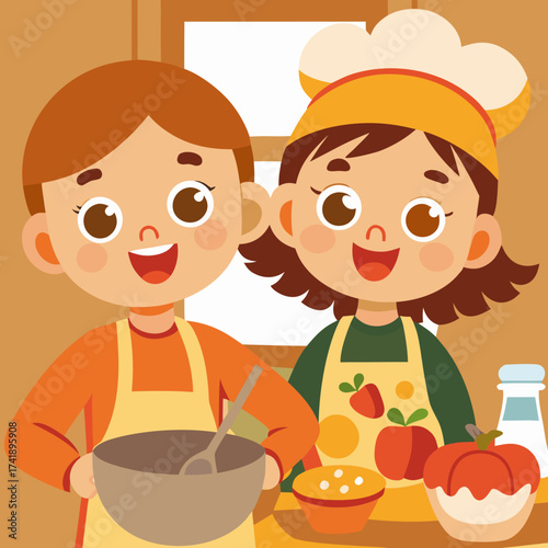 Two happy children baking a pumpkin pie in the kitchen