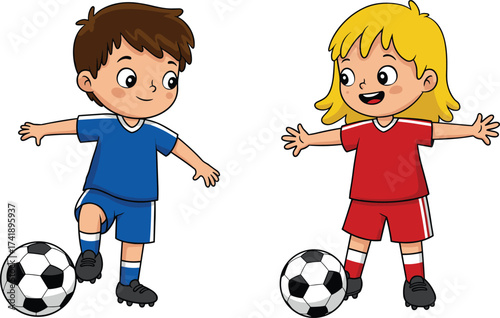 Cartoon children playing soccer, boy and girl in sports uniforms with soccer balls, happy kids smiling, youth football teamwork, fun outdoor activity illustration