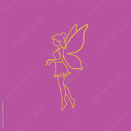 Glowing outline of a whimsical fairy with delicate wings and a playful stance against a solid purple