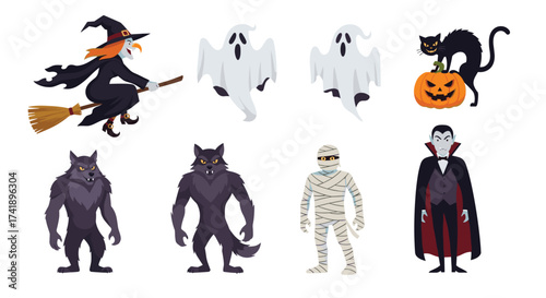 Eight spooky pixel art characters for Halloween celebrations.