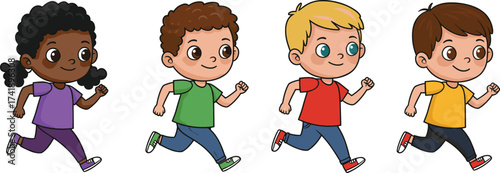 Cartoon children running, diverse kids illustration, happy boys and girls, playful activity, colorful shirts, childhood fun, energetic movement, educational design, recreation
