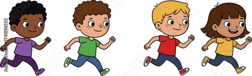 Cartoon children running diverse kids illustration, happy boys and girls playing outdoor activity, childhood fun exercise, multicultural group of children in motion, energetic playful characters