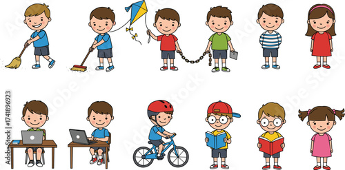 Cartoon children sweeping, mopping, flying kite, holding hands, reading books, smiling, studying with laptop, computer, riding bicycle, learning, education, teamwork, friendship
