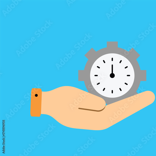 Flat illustration of a hand presenting a clock and gear, symbolizing efficient time management, timely service delivery, and enhanced operational productivity for business