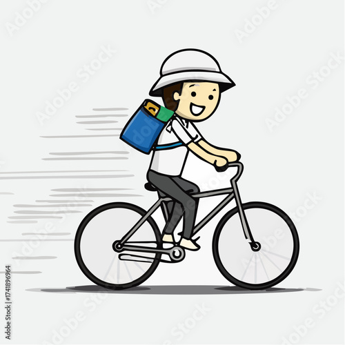Cartoon illustration of a smiling delivery person riding a bicycle with a blue and green insulated bag on their back, wearing a white shirt and helmet, against a white background with motion